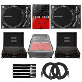 Pioneer PLX-1000 DJ Battle Turntables w DJM-S5 Scratch Mixer & Black Cases