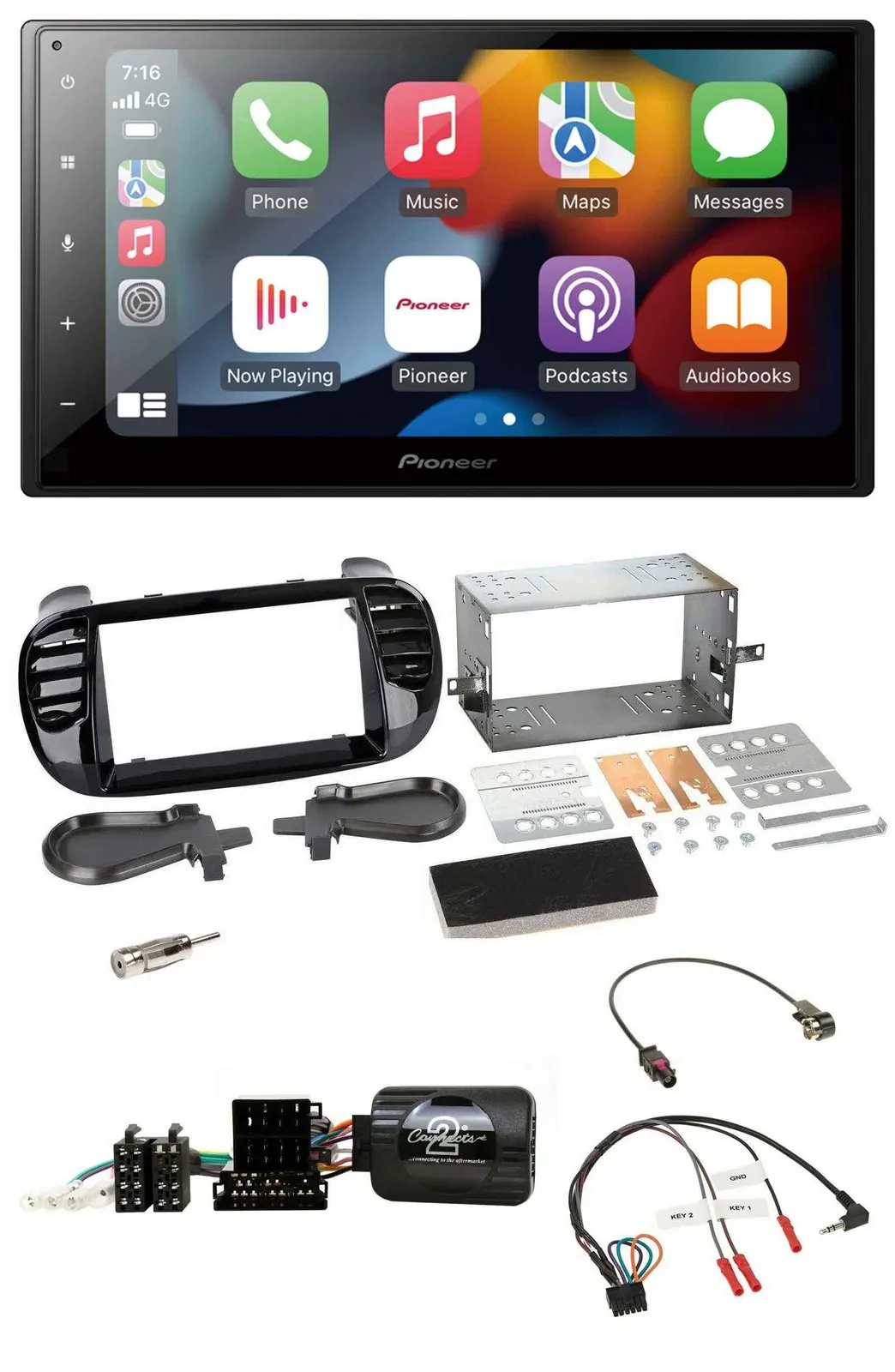 Pioneer DAB Bluetooth 2DIN USB Lenkrad Autoradio für Fiat 500 Fakra 08-15 schwar