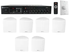 Rockville Commercial Restaurant Amp+(6) White 3.5" Cube Speakers+Wall Controller