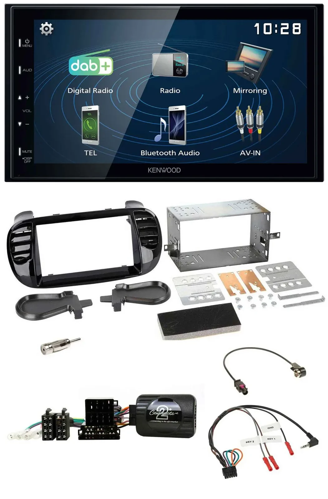 Kenwood 2DIN Bluetooth Lenkrad USB DAB Autoradio für Fiat 500 Fakra 08-15 schwar