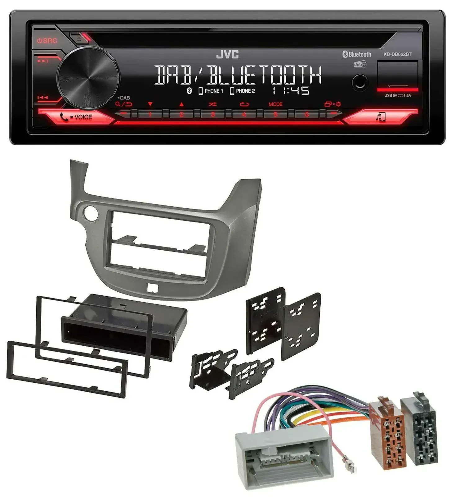 Автомагнитола JVC CD/DAB/USB/Bluetooth/MP3 для Honda Jazz (с 2009), серебристая