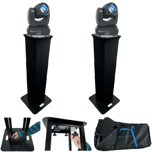 2 Rockville Rock Beam DC DJ Stage Moving Head Lights+Portable Black Totem Stands