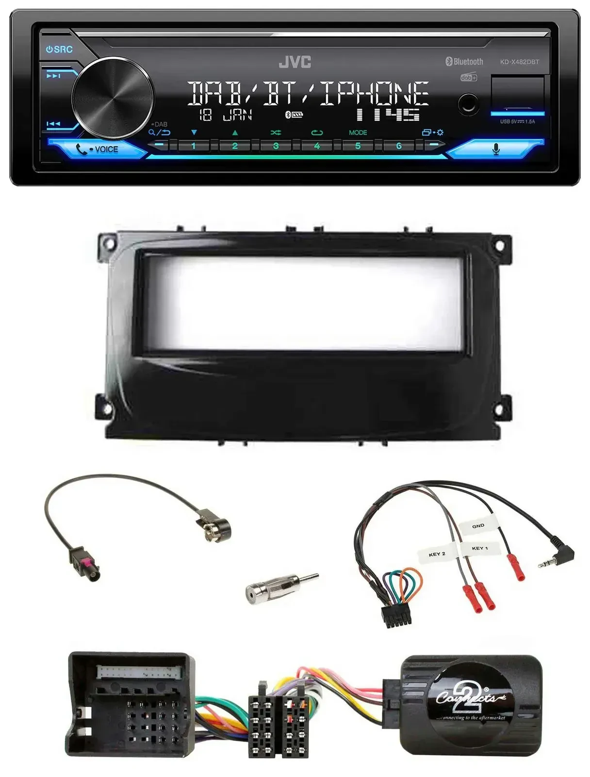 Автомагнитола JVC Bluetooth, DAB, USB для Ford Mondeo 2007–2014 / S-Max, поддержка кнопок на руле, черный (piano black)