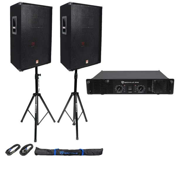 (2) Rockville RSG15 15" PA Speakers + Rockville RPA9 Amp + Stands + Cables+Case