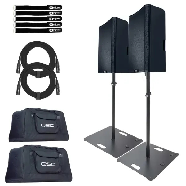 QSC K12.2 K2 Series 12" Active Powered DJ PA Speakers Pair w Black Stands Set