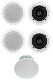 (4) Rockville CC525T 5.25" Commercial 70v White Ceiling Speakers+8" Subwoofer