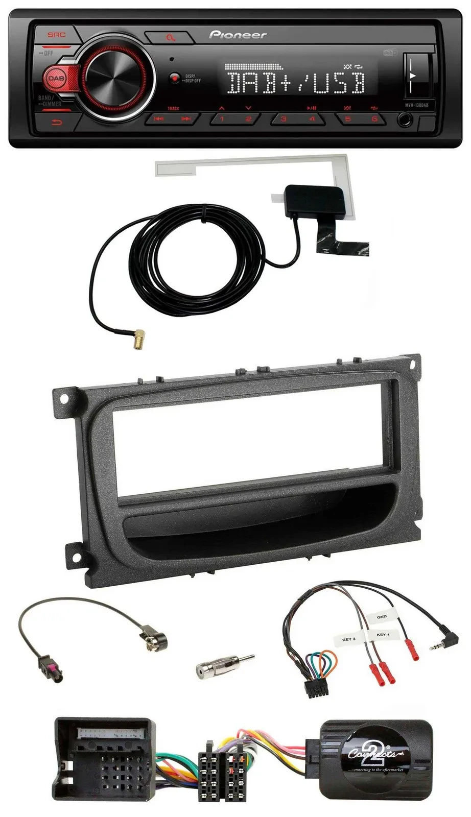 Автомагнитола Pioneer 1DIN, MP3, DAB, USB, поддержка кнопок на руле, для Ford C-Max/Galaxy/Focus (с 2007), чёрная