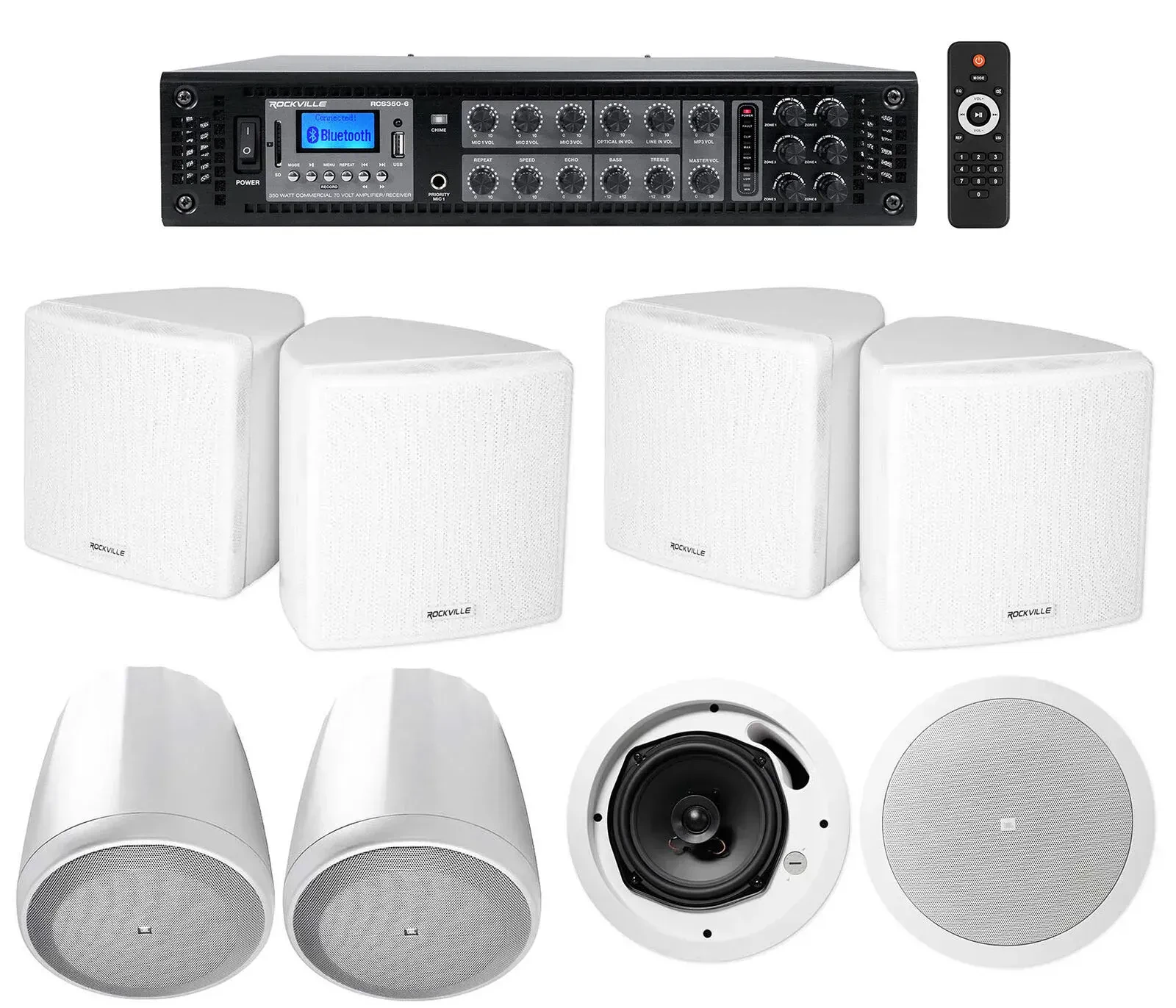 Трансляционный усилитель Rockville RCS350-6+Cube 70v+Control 65P/T-W PACK с комплектом акустики