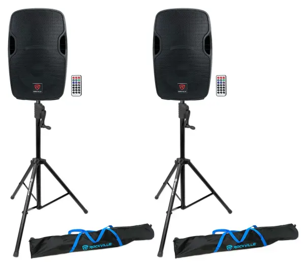 (2) Rockville BPA12 12" Powered 600 Watt DJ PA Speakers+Crank-Up Speaker Stands