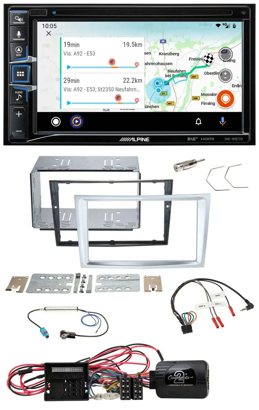 Alpine Bluetooth TMC USB DAB 2DIN Lenkrad Navigation für Opel Corsa D matt-chrom