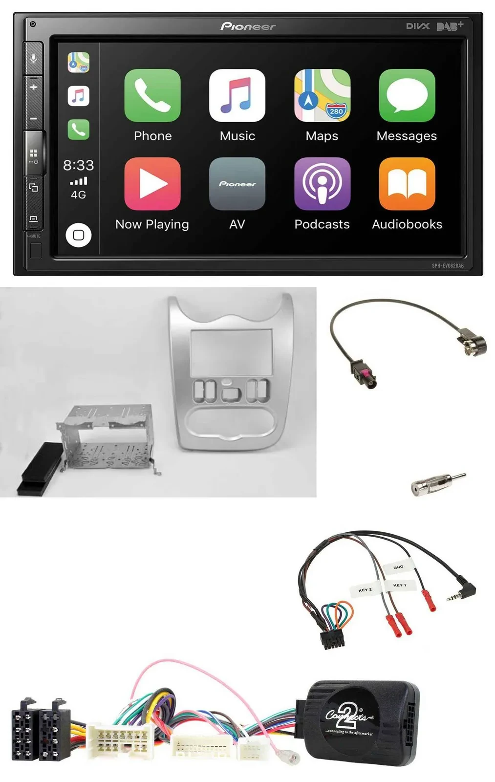 Автомагнитола Pioneer 2DIN DAB Bluetooth USB для Dacia с 2012, светло‑серебристая, поддержка управления с руля