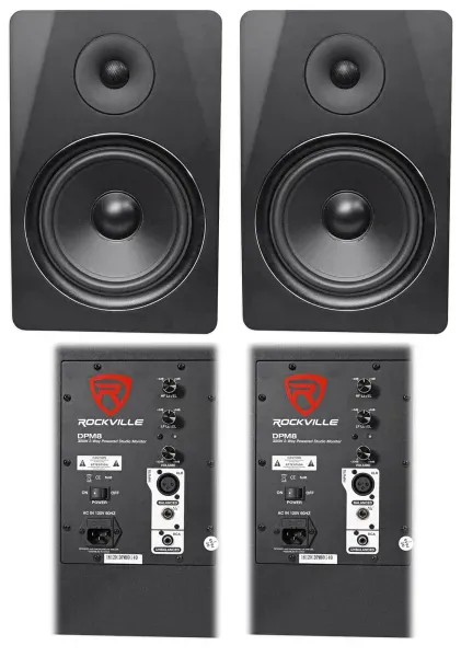 (2) Rockville DPM8B Dual Powered 8" 600 Watt Active Studio Monitor Speakers