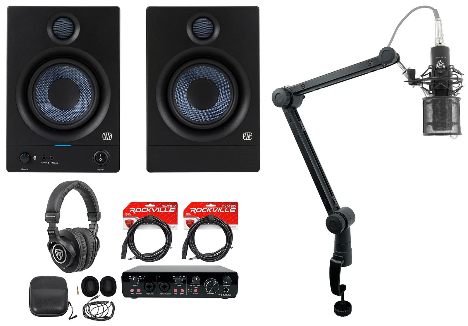 Комплект для подкастов PreSonus Eris 5BT (2nd Gen) 5" (набор, пара), аудиоинтерфейс 2x2, микрофон, наушники, кронштейн