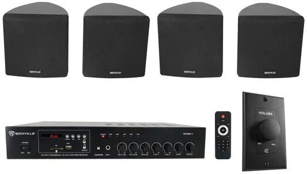 Rockville Commercial Restaurant Amp+(4) Black 3.5" Cube Speakers+Wall Controller