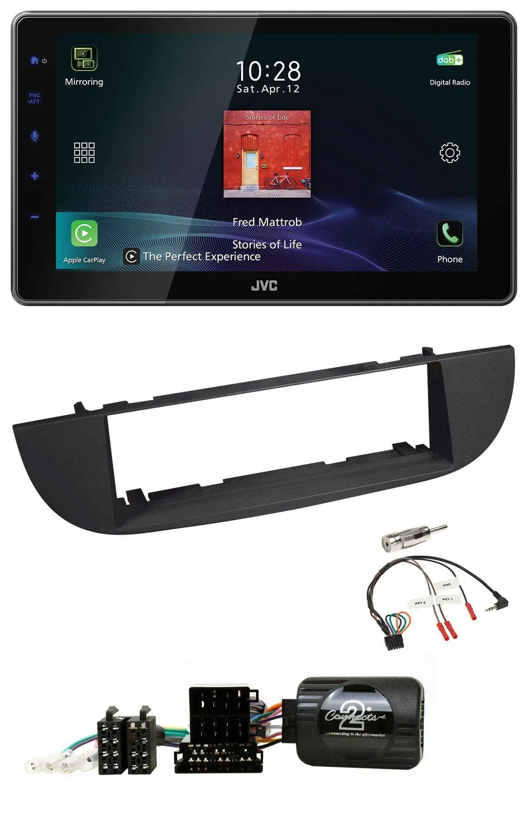 JVC DAB Lenkrad Bluetooth USB Autoradio für Fiat 500 ab 2007 schwarz