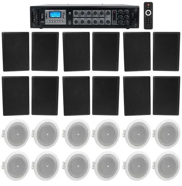 6-Zone Amplifier+12) Black Wall+12) JBL Ceiling Speakers For Restaurant/Bar/Cafe