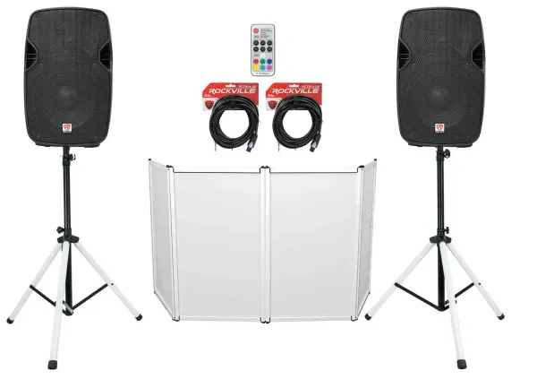 2) Rockville SPGN104 10" 800w DJ PA Speakers+Stands w/LED's+Remote+Cables+Facade