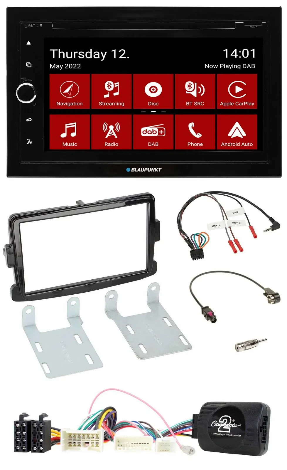 Автомагнитола Blaupunkt 2DIN, Bluetooth, USB, DAB, TMC, навигация, для Dacia (с 2012), черный глянец