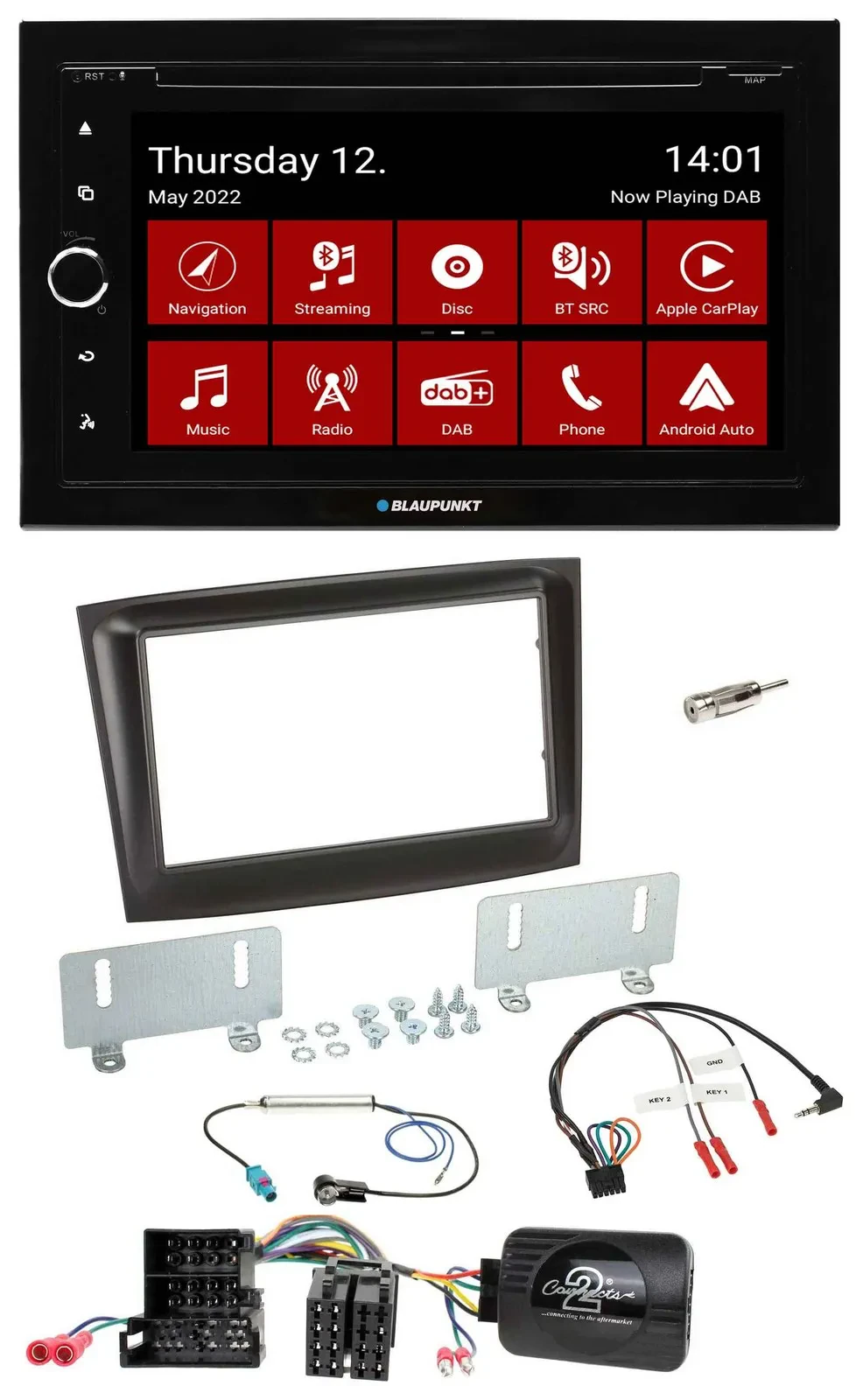 Blaupunkt 2DIN Lenkrad Bluetooth USB TMC DAB Navigation für Fiat Doblo Mini-ISO