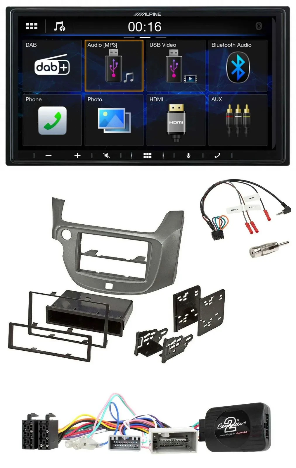 Автомагнитола Alpine 2DIN Bluetooth DAB USB для Honda Jazz (с 2014), серебристая