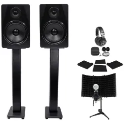 2) Rockville APM8B 8" 500w Studio Monitors+36" Stands+Pads+Headphones+Mic+Shield