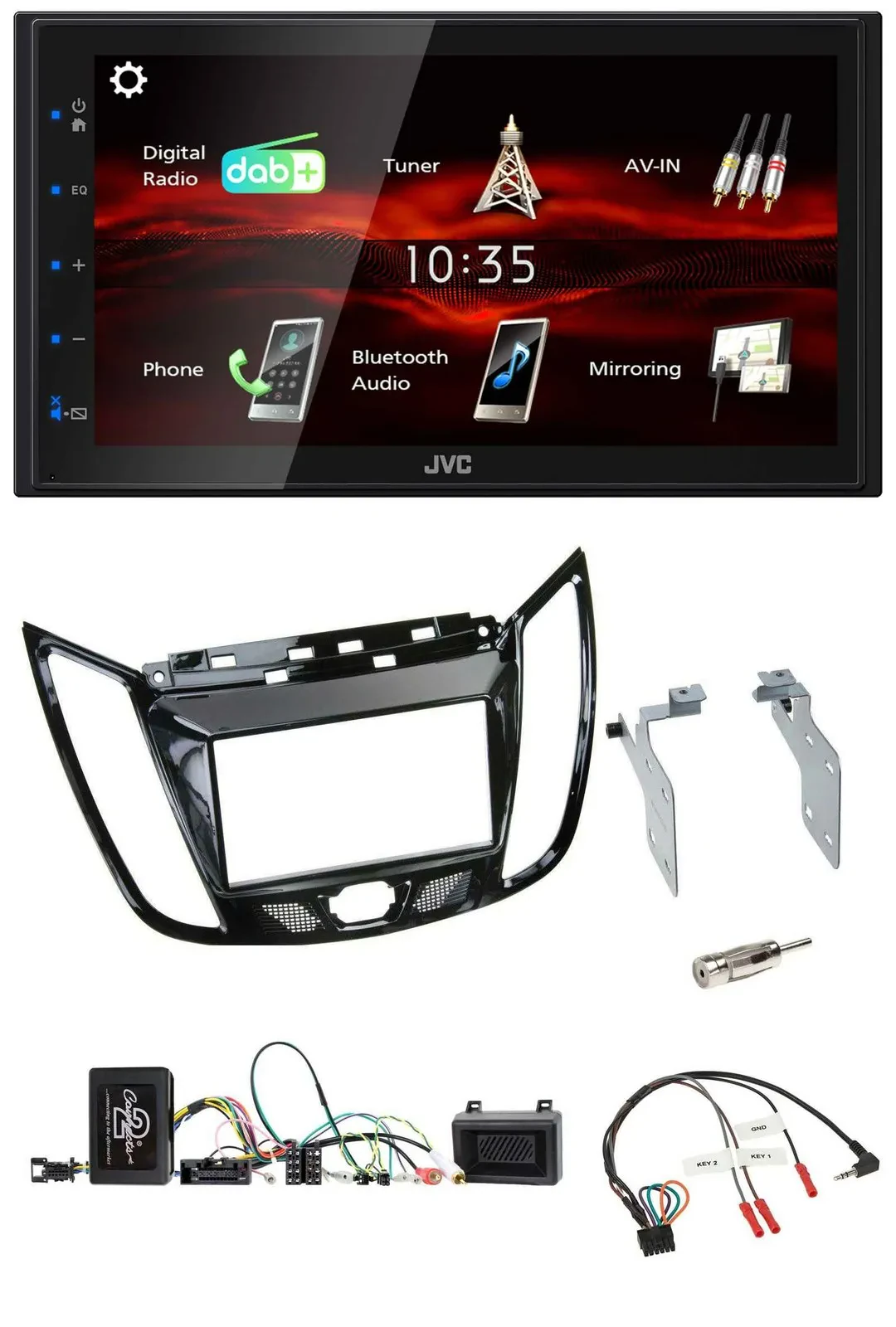 Автомагнитола JVC 2 DIN USB Bluetooth DAB для Ford C‑Max/Kuga, черный глянцевый (piano black), поддержка управления на руле