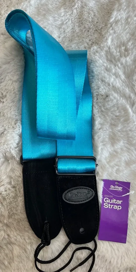 Ремень для гитары On Stage GSA20LB Seatbelt, кожаные наконечники, голубой