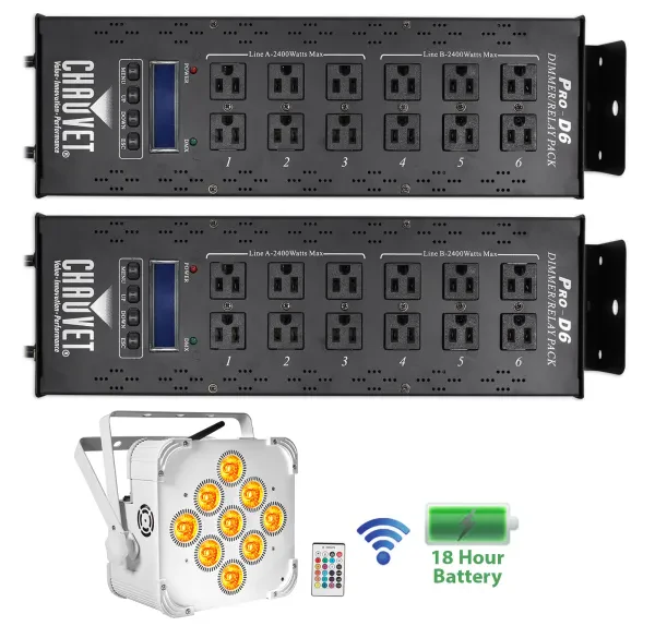 (2) Chauvet PRO-D6 Dimmer Switch Pack 115V/230V+White Wireless Battery Par Light