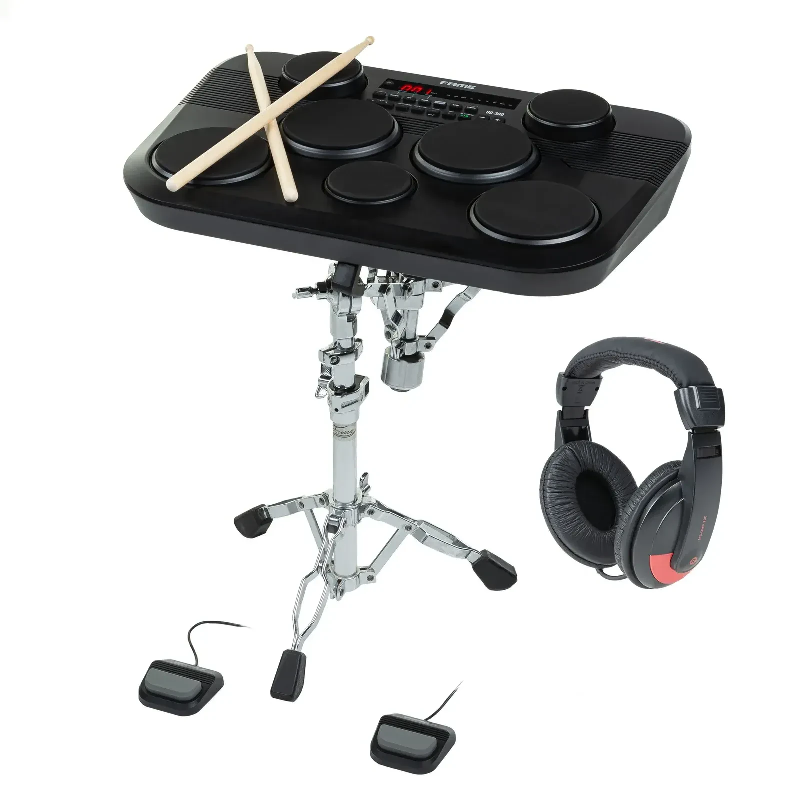Электронная ударная установка Fame Audio DD-380 (набор) со стойкой для малого барабана SDS9000 и палочками 5A из граба