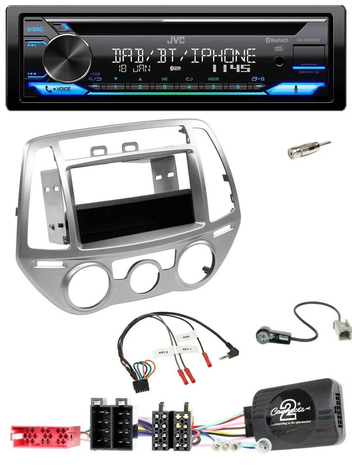 Автомагнитола JVC Bluetooth, USB, DAB, CD для Hyundai i20 (2012–2014), серебристая, с поддержкой кнопок на руле