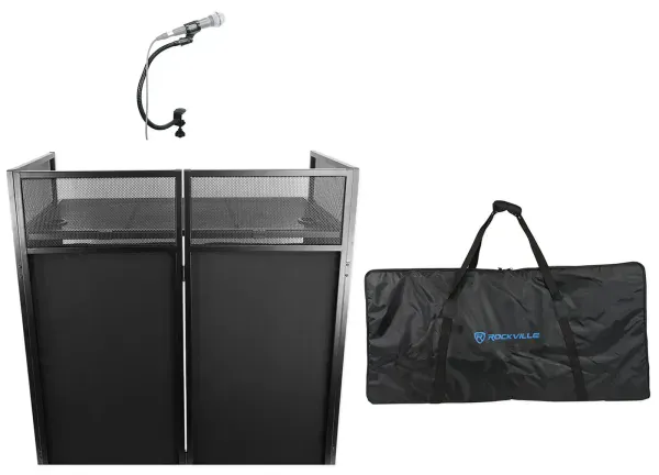 Rockville ROCKBOOTH DJ Booth Event Facade w/Table+Bag+Scrims+Gooseneck Mic Stand