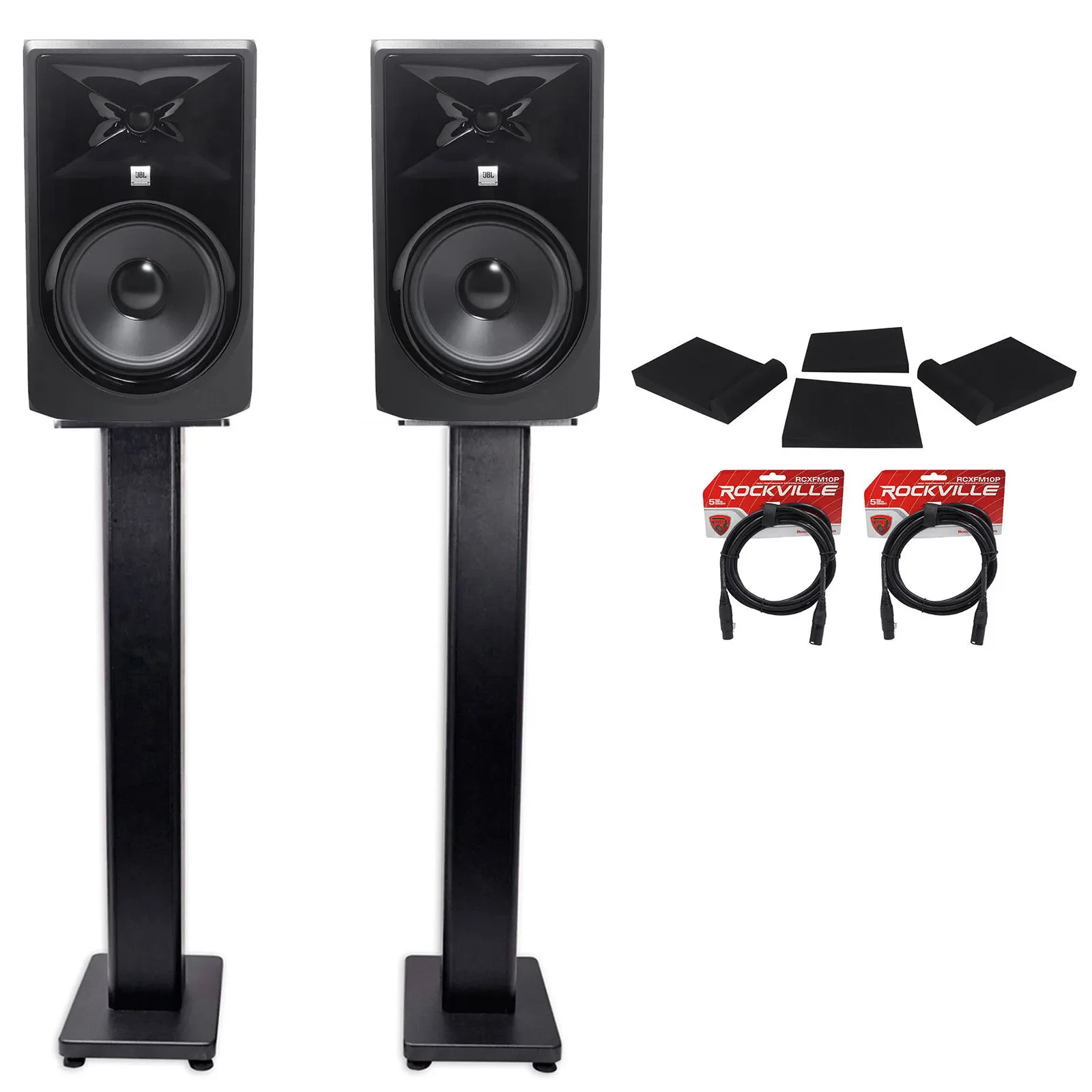 (2) JBL 308P MkII 8" Powered Studio Monitors+Stands+Isolation Pads+XLR Cables