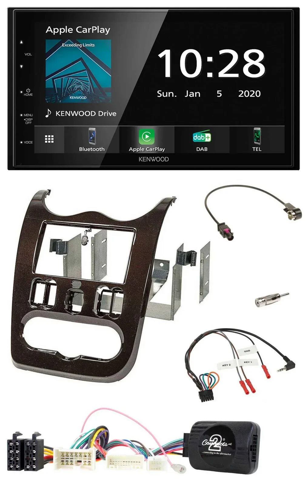 Kenwood Bluetooth Lenkrad DAB USB 2DIN Autoradio für Dacia ab 12 dunkelbraun