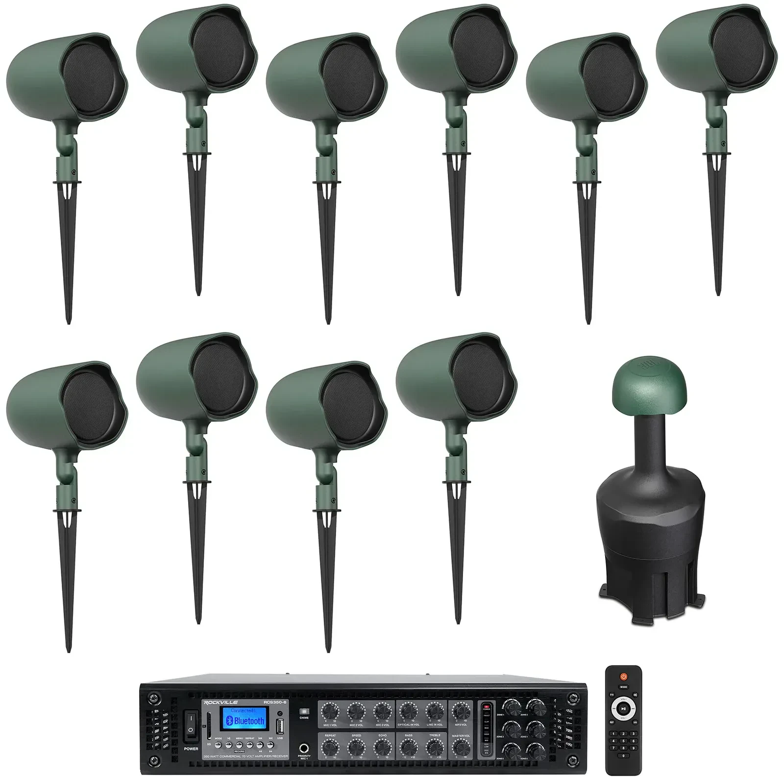 (10) JBL-GSF3-GN 3" Landscape Ground Stake 70v Commercial Speakers+8" Sub+Amp