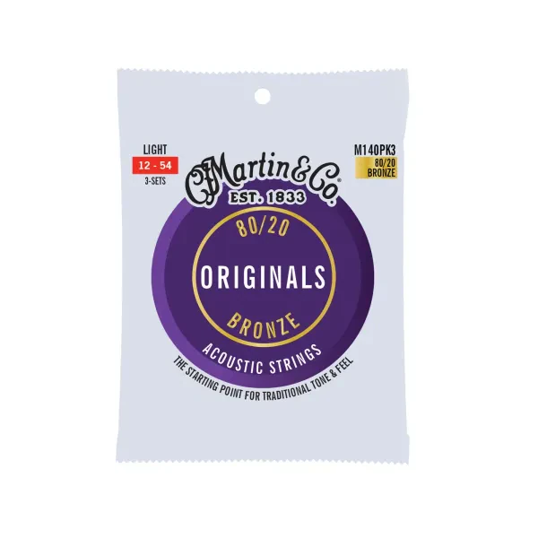 Martin Acoustic M140 Light 80/20 Bronze Acoustic Guitar Strings, 12-54, 3-Pack