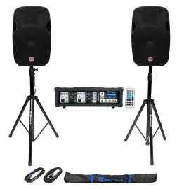 (2) Rockville SPGN154 15" 1600W DJ PA Speakers+Powered 4-Ch. Mixer+Stands+Cables