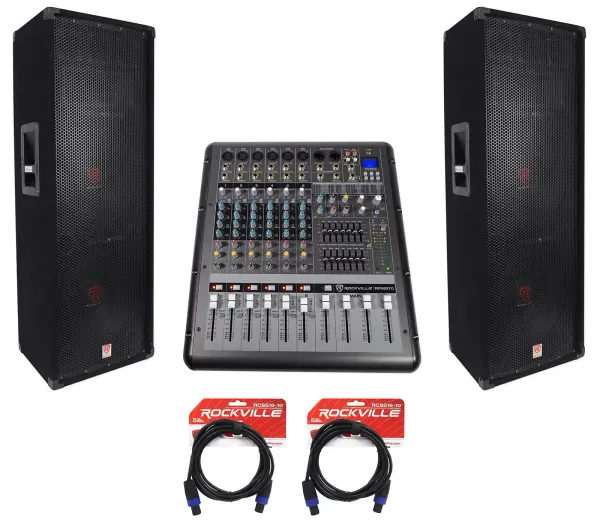 2 Rockville RSG12.24 Dual 12” 2000w 3-Way DJ/Pro PA Speakers+Powered Mixer w/USB