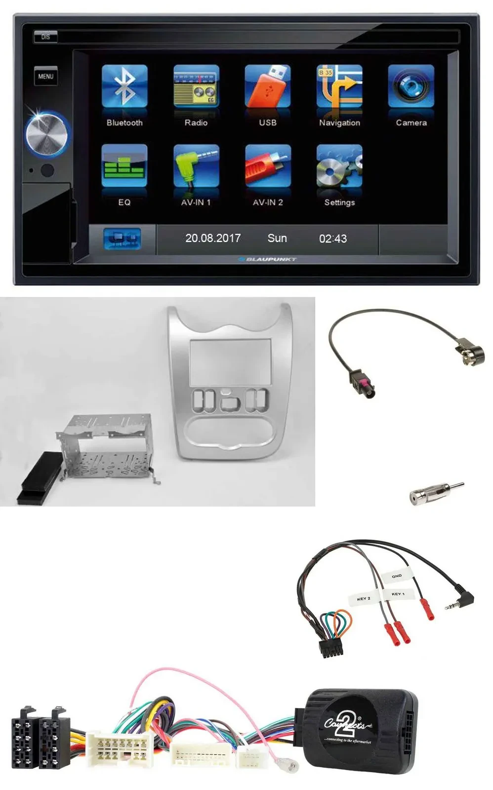 Blaupunkt SD USB TMC Bluetooth 2DIN Lenkrad Navigation für Dacia ab 2012 hellsil