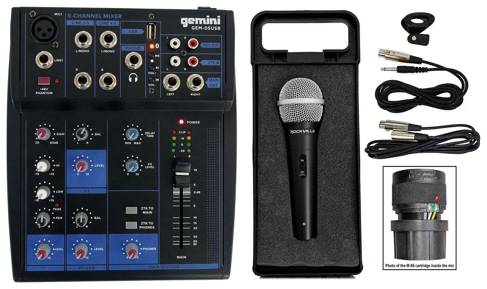 Микшерный пульт Gemini GEM-05USB 5-канальный, Bluetooth, USB, 5 входов, 2 шины, 2-полосный EQ (набор, с микрофоном RMC-XLR)