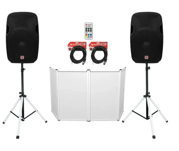 2 Rockville SPGN158 15" 1600w DJ PA Speakers+Stands w/LED's+Remote+Cables+Facade