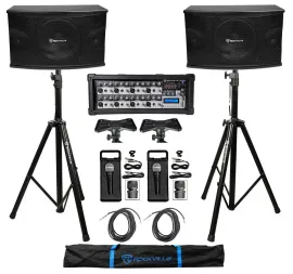 2) Rockville KPS10 10" 3-Way 1200w Karaoke Speakers+Mixer+Tripod Stands+(2) Mics