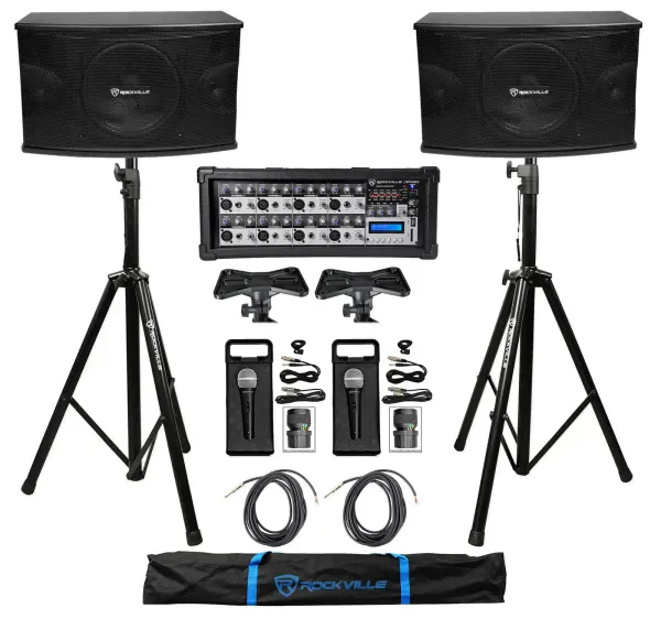 2) Rockville KPS10 10" 3-Way 1200w Karaoke Speakers+Mixer+Tripod Stands+(2) Mics