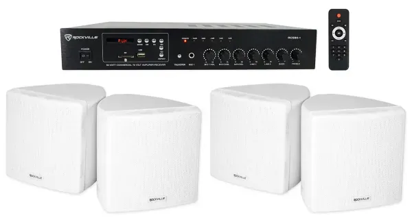 Rockville Commercial Restaurant Bluetooth Amplifier+(4) 3.5" White Cube Speakers