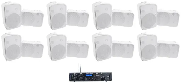 Rockville Rock Zone 8 Ch. Multi Room Home Receiver+(16) White 6.5" Wall Speakers