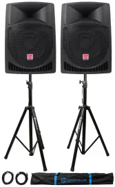 Pair Rockville RPG12 12" 1600w Powered PA/DJ Speakers + 2 Stands + 2 Cables+Bag