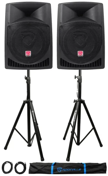 Pair Rockville RPG12 12" 1600w Powered PA/DJ Speakers + 2 Stands + 2 Cables+Bag