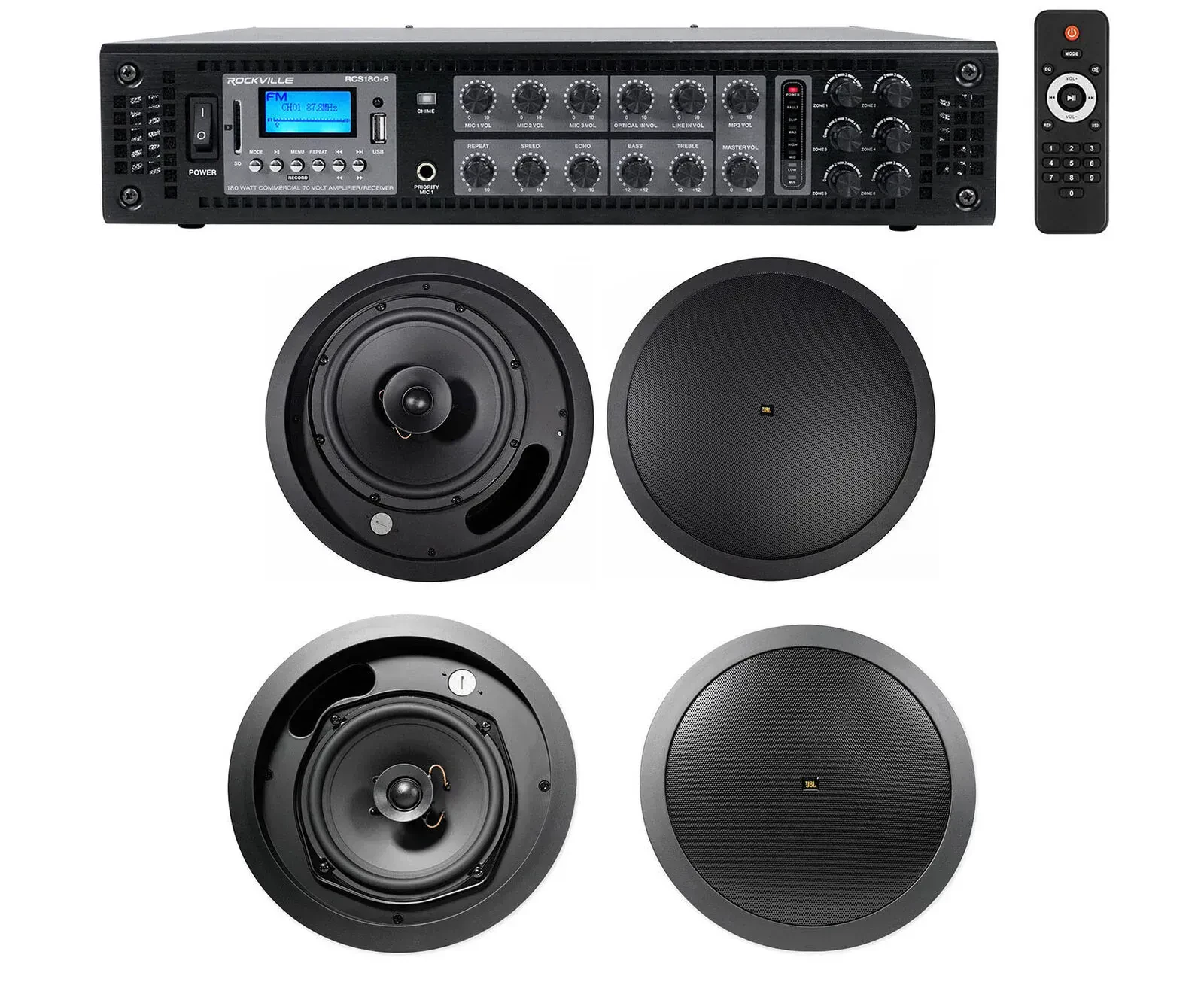 Потолочная акустика Rockville RCS180-6+Control 18C/T-BK+16C/T BK Black с усилителем (4 штуки)