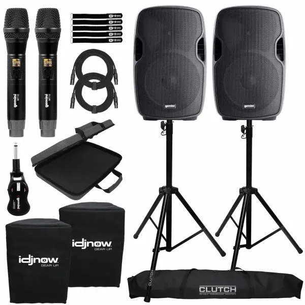 Gemini 15" Bluetooth DJ PA Speakers w Dual Wireless Microphones Package