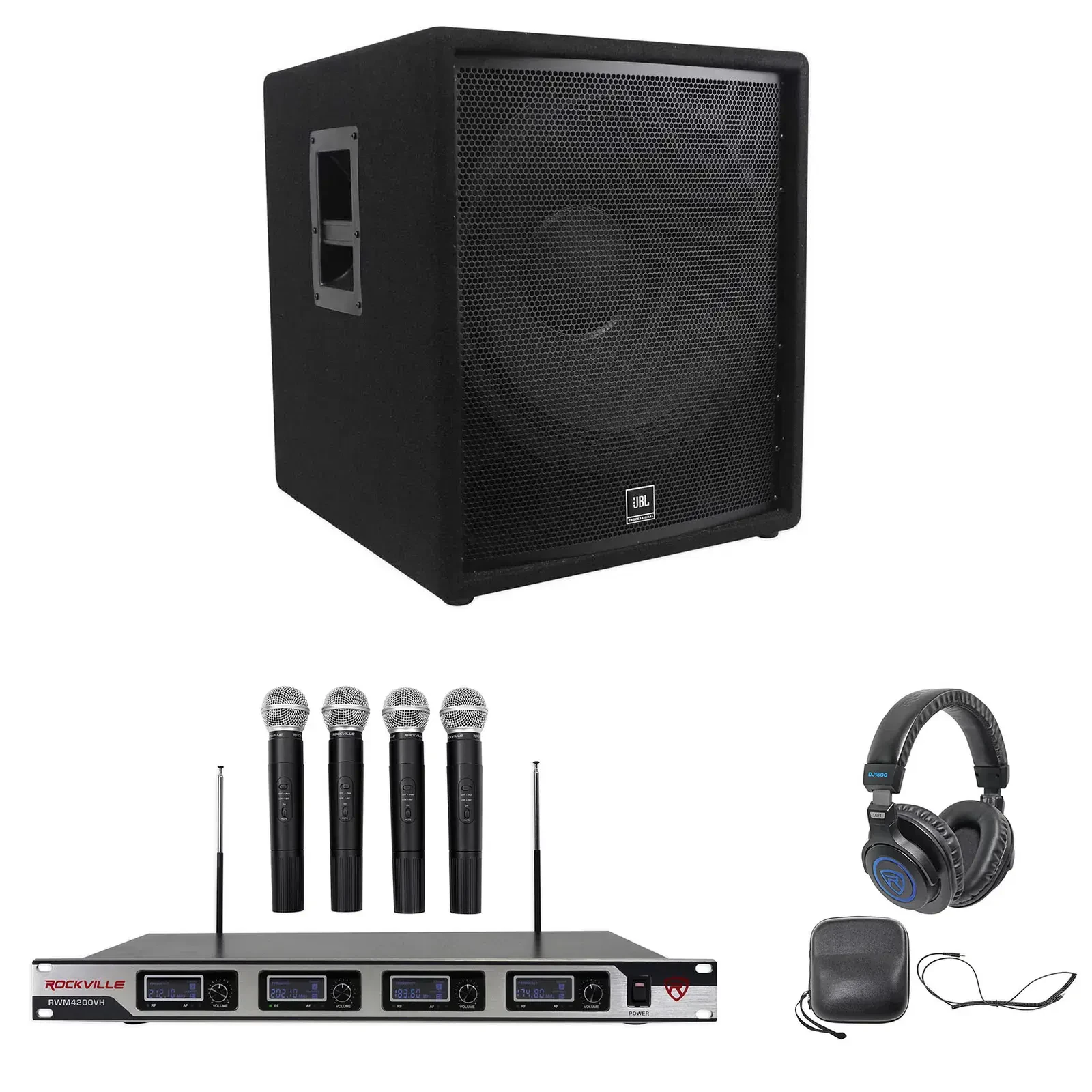 JBL Pro JRX218S 1400w 18" Passive Subwoofer DJ Sub+(4) Wireless Mics+Headphones