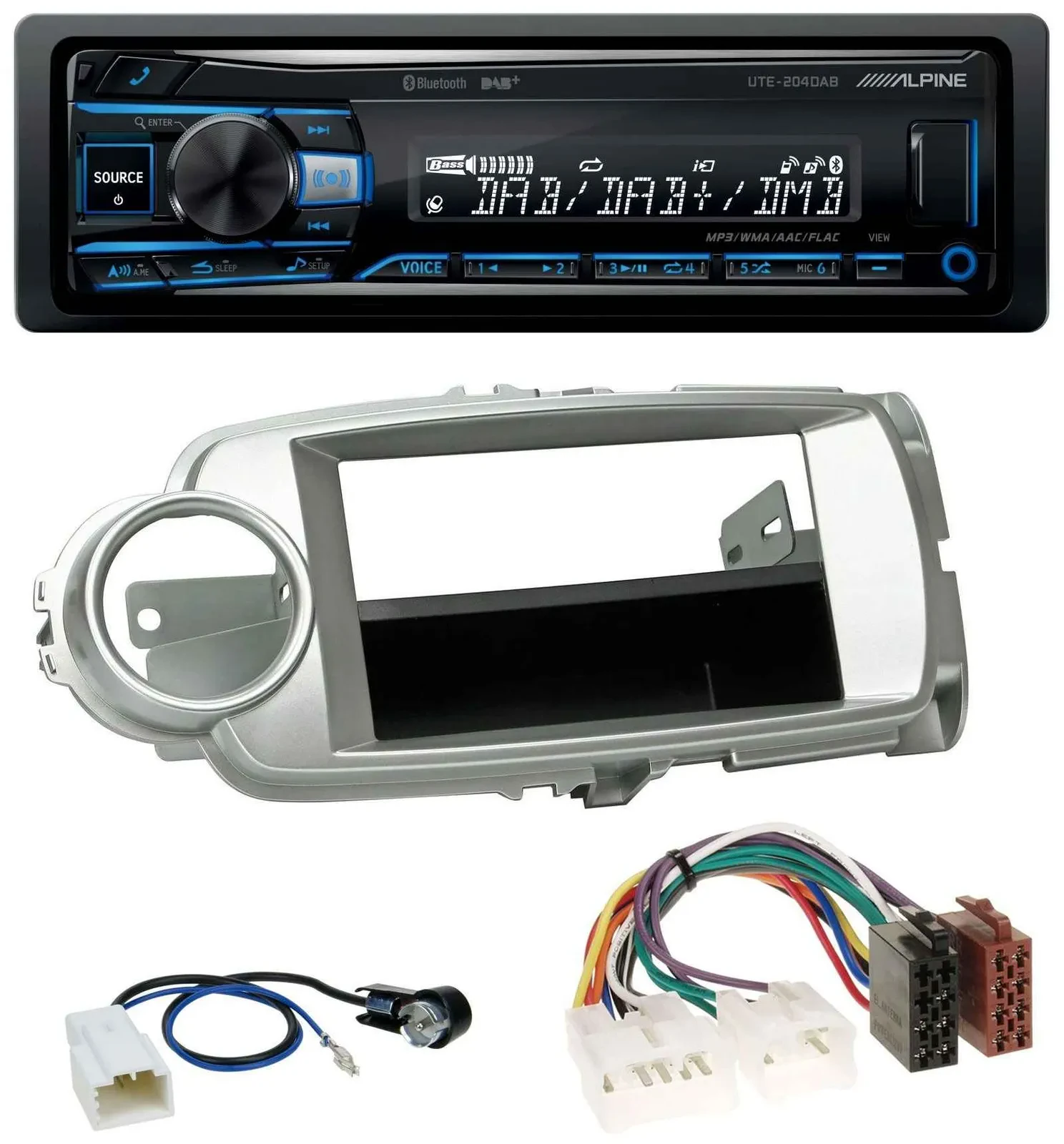 Автомагнитола для Toyota Yaris (2011–2014) Alpine USB, Bluetooth, DAB, MP3, серебристая